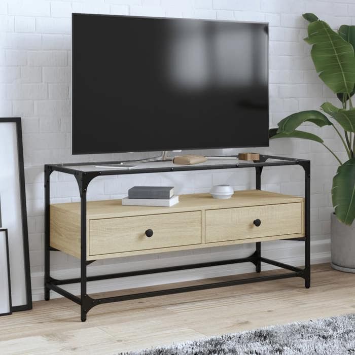 Black Month Meuble TV Salon - BURKE - TABLE/BANC TV - avec dessus en verre chêne sonoma bois dingénierie LV1801
