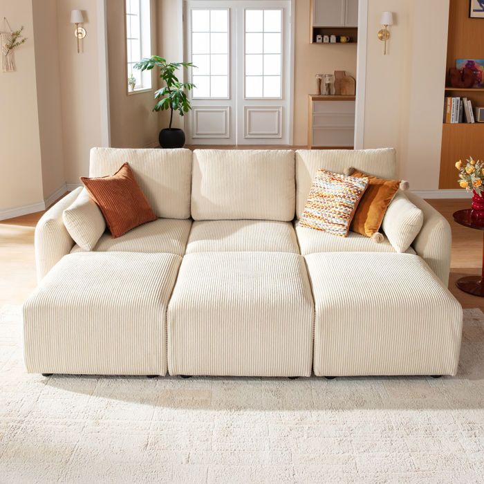 JINOVIA Canapé modulable convertible sleeper sofa en velours côtelé – Beige