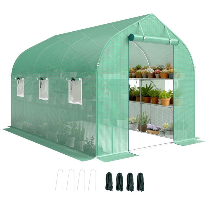 Serre tunnel de jardin - Outsunny - porte enroulable et 6 fenêtres - étagères intégrées - bâche PE - 198x293x194cm - vert