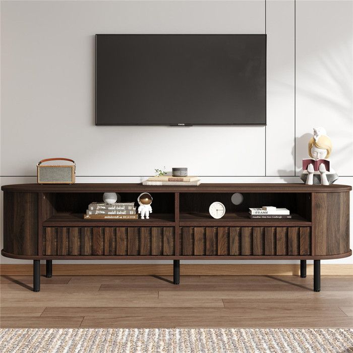 Meuble tv ovale avec portes coulissantes et 2 tiroirs - rangement avec passe-câbles, mdf effet bois naturel Meuble tv ovale avec portes coulissantes et 2 tiroirs - rangement avec passe-câbles, mdf effet bois naturel