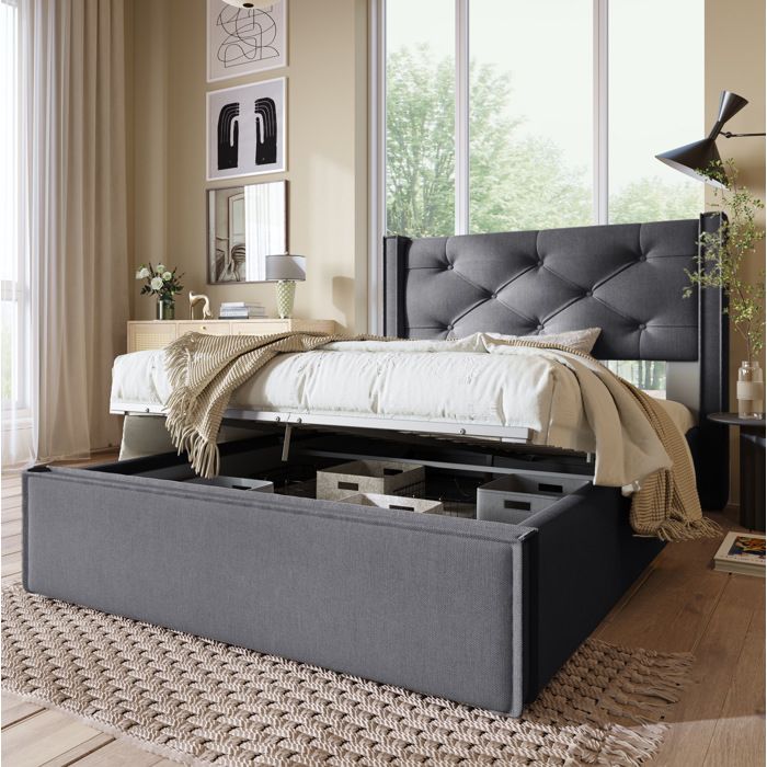 Lit simple 90 × 200 cm en coton gris avec coffre de rangement