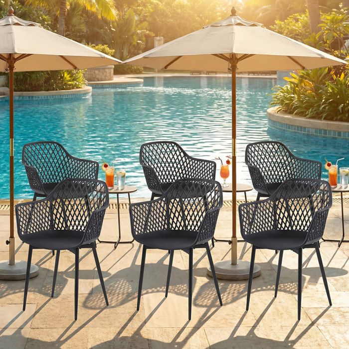 EGGREE Chaise de Jardin Exterieur Lot de 6 Chaise Plastique avec Accoudoir et Pied en Métal Dossier à Design Ajouré Noir EGGREE Chaise de Jardin Exterieur Lot de 6 Chaise Plastique avec Accoudoir et Pied en Métal Dossier à Design Ajouré Noir