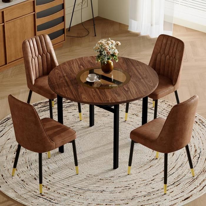 Table à manger avec 4 chaises et pieds en métal noir Ensemble de salle à manger ronde de 100 cm de diamètre Tissu technique marron