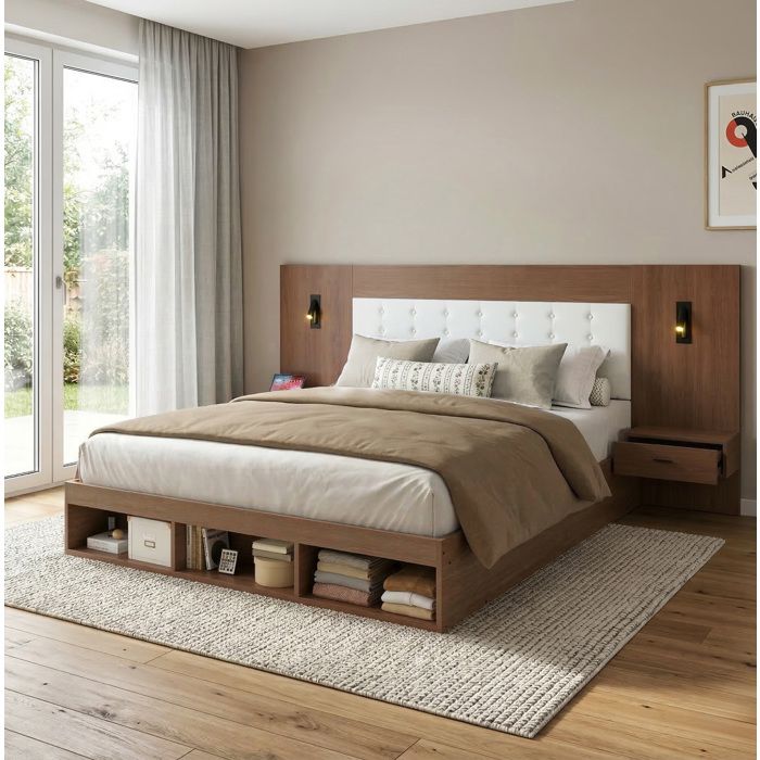 Lit double noyer 180 × 200 avec rangements USB/Type-C liseuses et sans matelas