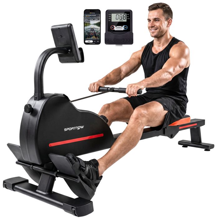 Rameur magnétique - appareil de musculation - SPORTNOW - bluetooth connecté Kinomap & Zwift écran LCD - métal - 135x42x72cm - rouge