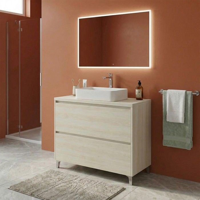 Meuble vasque L.100cm à poser sur pied 2 tiroirs Chêne blanchi LISBONA - sans colonne Meuble vasque L.100cm à poser sur pied 2 tiroirs Chêne blanchi LISBONA - sans colonne