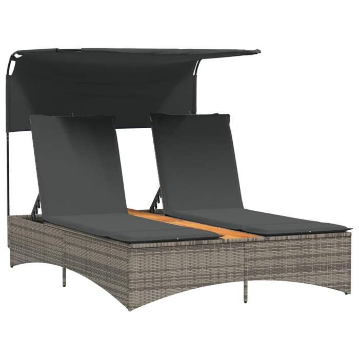 91050& CHIC Chaise longueBains de soleil transat dextérieur double et auvent et coussins gris - résine tressée - 136x202x140 cm
