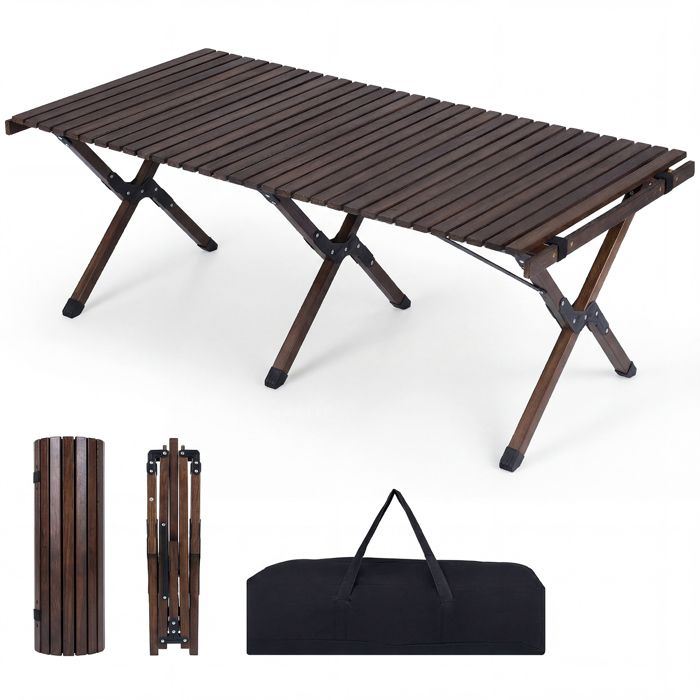 Table de Jardin Pliante en Bois COSTWAY 4-6 Personnes Plateau à Lattes Enroulable Sac de Transport Plateau 122 x 60 cm Café