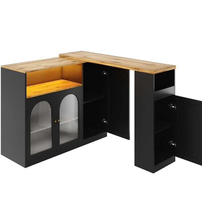Meuble bar rotatif 360° – Noir mat et aspect bois – LED portes en verre strié