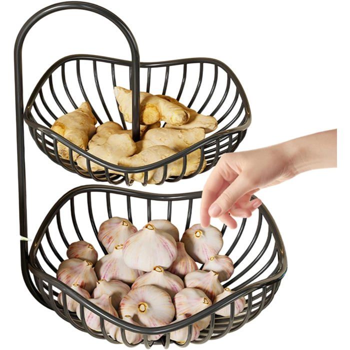 Panier métallique à double couche un range-fruits de cuisine peu encombrant idéal pour ranger les légumes le pain et les oignons.