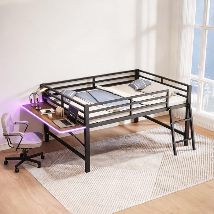 Lit plateforme enfant ou adulte 140x200 cm en métal noir avec bureau rabattable et barrières