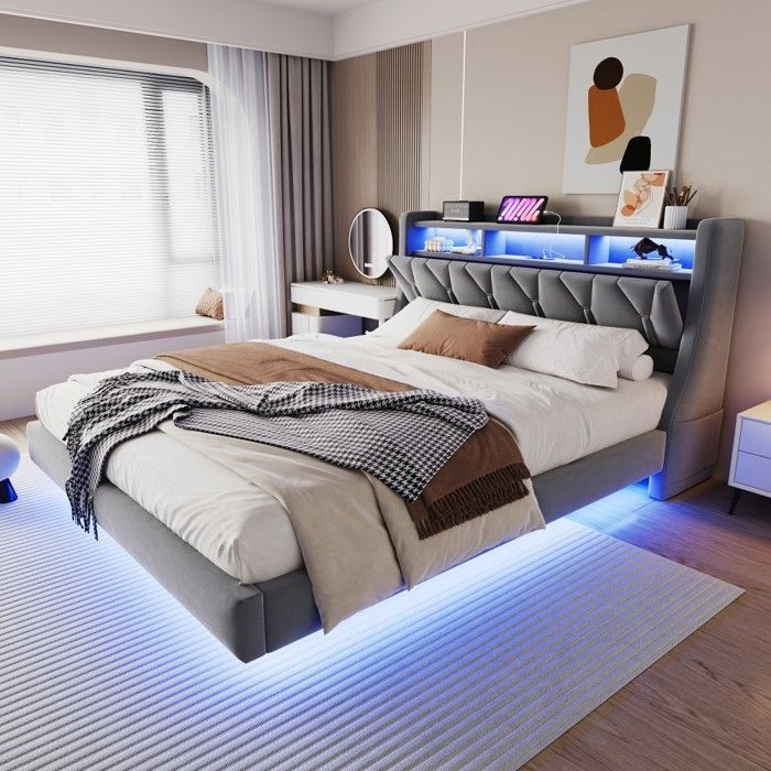 Lit 180x200 Gris - Capitonné Rabattable LED - Prise Rangement Suspendu - Velours Confort - Design Moderne (sans Matelas)