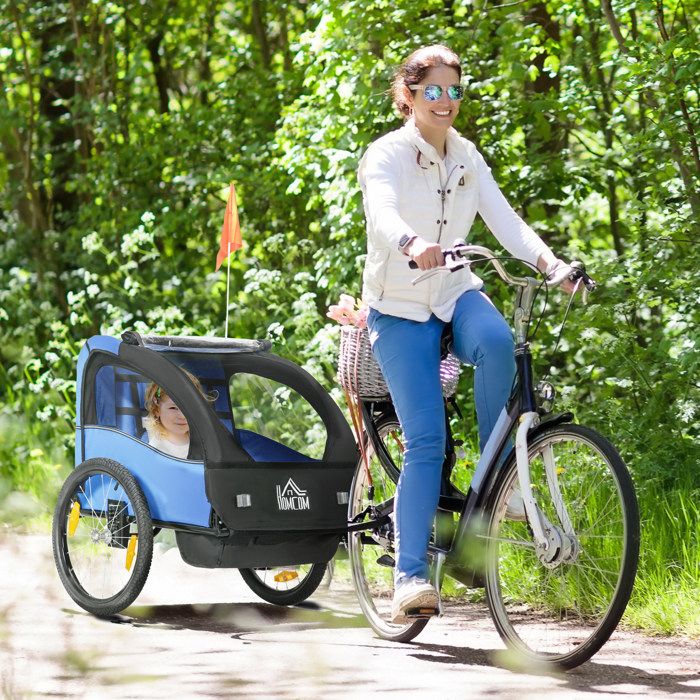 Remorque vélo enfant dès 18 mois bleu avec ceinture de sécurité et système d’amortisseur