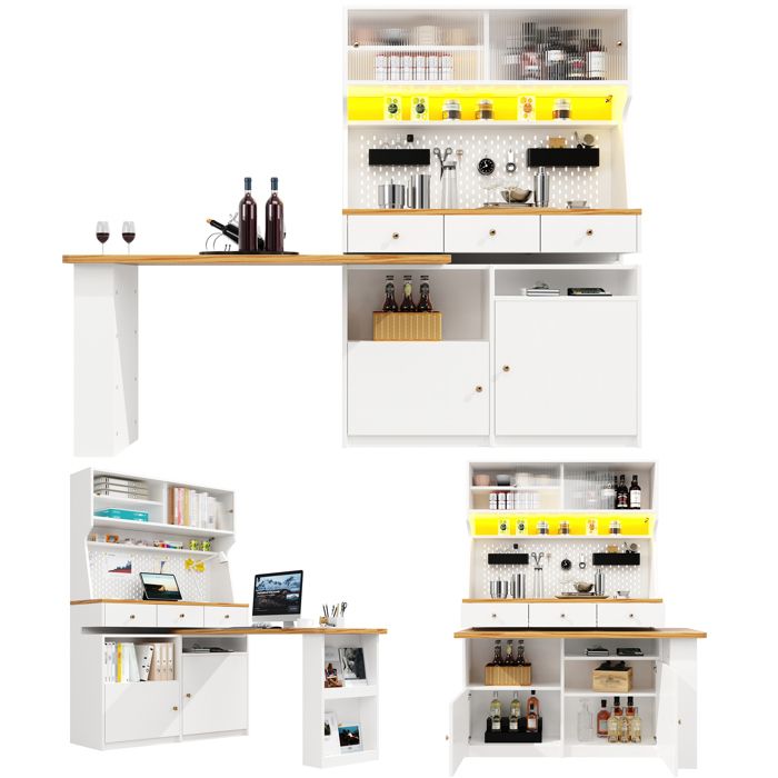 Buffet haut cuisine - 137×45×178 cm - LED App - Plateau extensible - 2 portes 2 tiroirs