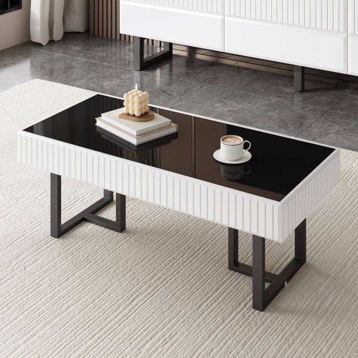 COVREO Table basse rectangulaire 110 x 505 x 41 cm noir et blanc plateau noir brillant MDF et métal