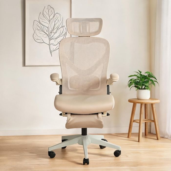 Fauteuil ergonomique pliable avec soutien lombaire et appui-tête 3D en mousse beige neutre
