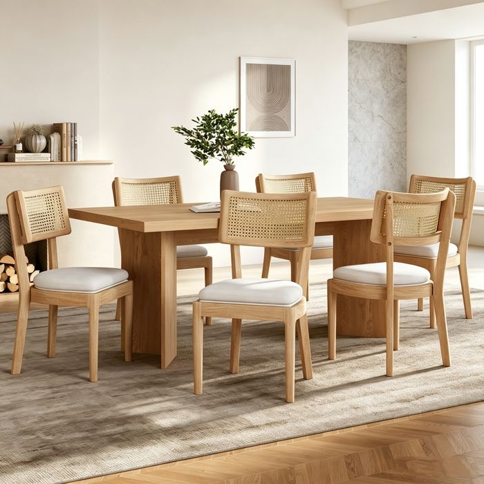 Lot de 6 Chaises de Salle à Manger en Bois Massif avec Dossier en Rotin Chaise de Cuisine Rembourrée Style Moderne Couleurs Bois