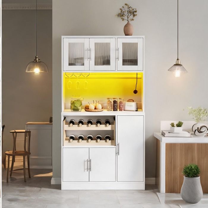 Buffet de cuisine haut avec éclairage LED RGB et porte-verres finition white-toned en MDF 100x40x180 cm