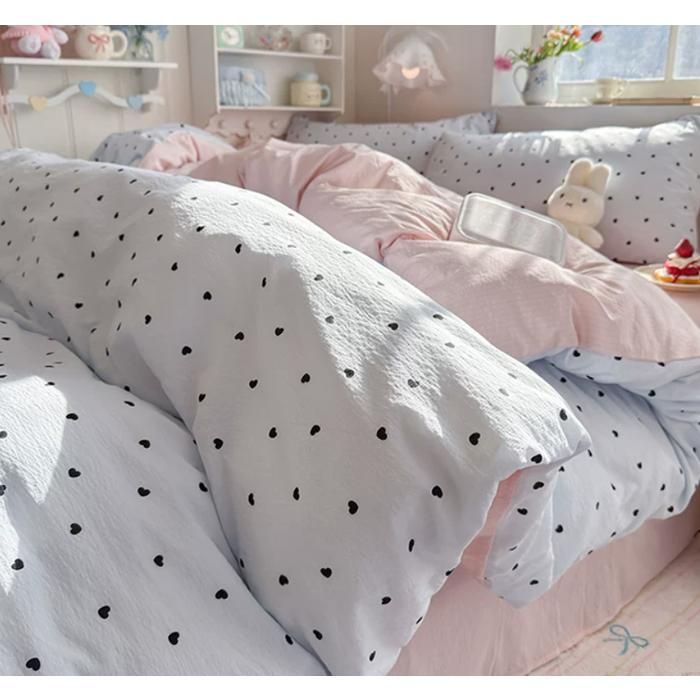 Pack linge de lit 4 pièces coeurs noirs bleu + revers rose