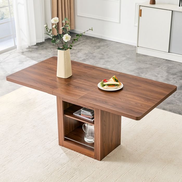 Table à Manger Extensible 130-160x80cm-Table de Cuisine avec Rangements Intégrés-noyer avec étagères-pour 4-8 Personnes Espaces