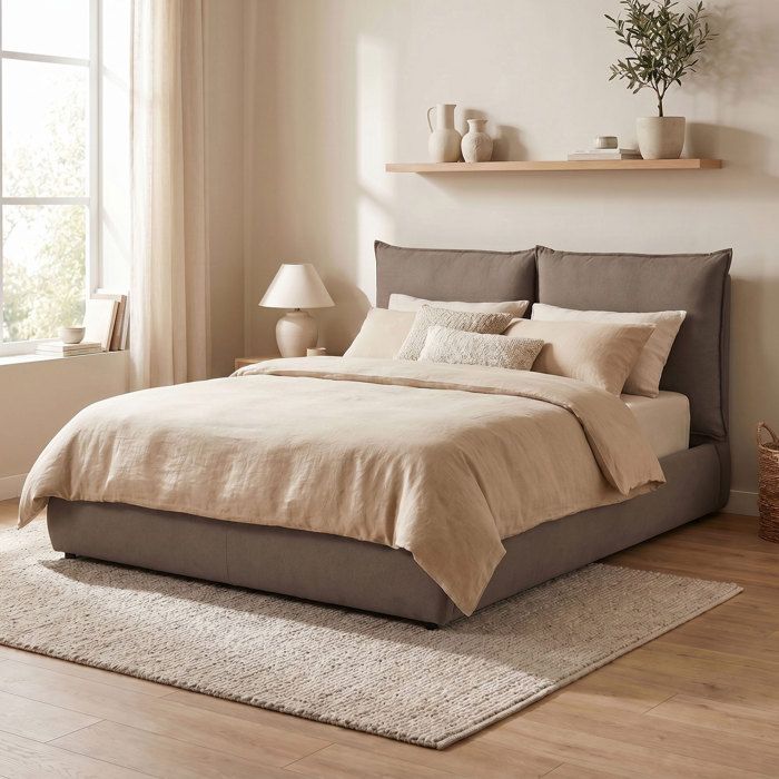 Lit coffre 160x200 avec tête de lit effet oreiller en tissu chocolat
