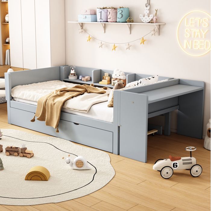 Lit combiné enfant AESVAR 90x200 cm avec lit gigogne 90x180 bureau et 3 étagères latérales bois gris