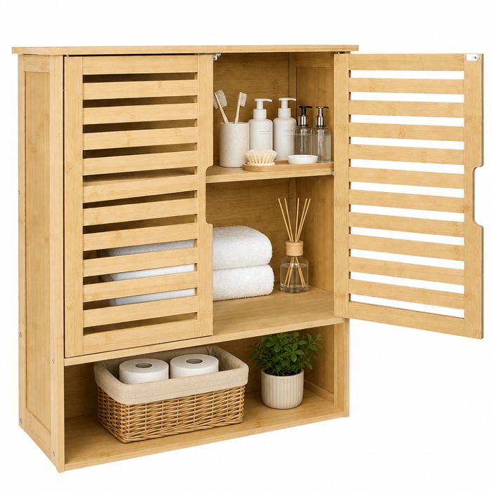 Armoire de Salle de Bain Murale en Bambou QUIIENCLEE Double Porte de Rangement Aération Anti-Humidité Couleur Bois Naturel