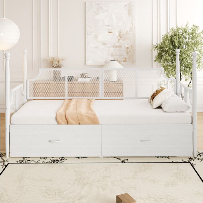 Lit banquette 90x200 cm vintage en métal blanc avec 2 tiroirs dossier en maille et accoudoirs TYNQER