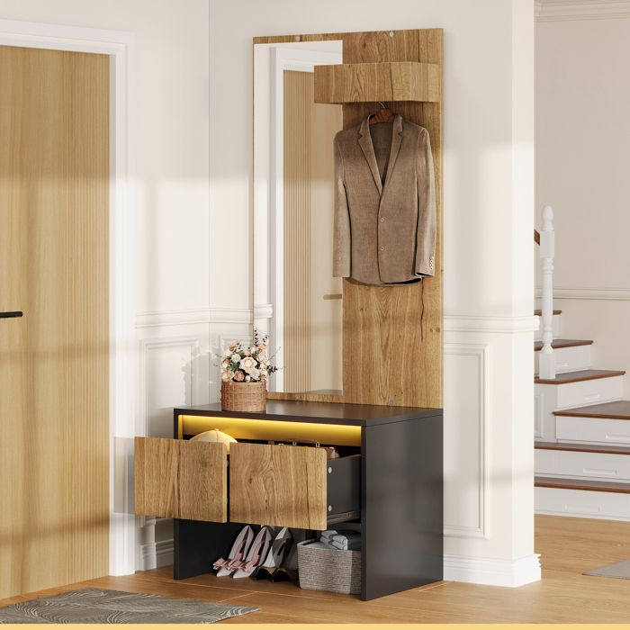 Meuble D’entrée Avec Miroir Noir Et Naturel Vestiaire Design FloraGrace Pour Entrée Et Petit Couloir Avec 2 Tiroirs 60x38x145cm