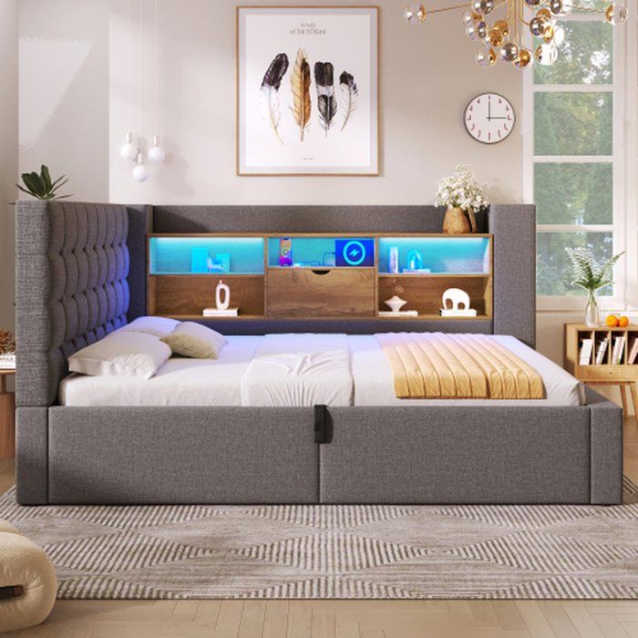 Lit 90x190 cm led tête en l avec rangements cadre à lattes gris lin rangement hydraulique réversible sans matelas