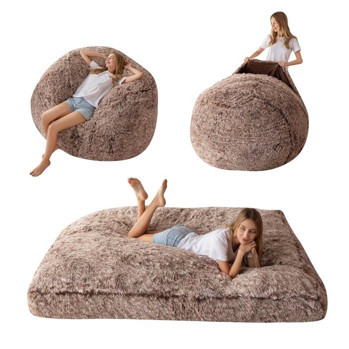 Pouf géant transformable 2 en 1 - lit et canapé 150 x 200 cm housse peluche marron lavable garnissage mousse haute densité