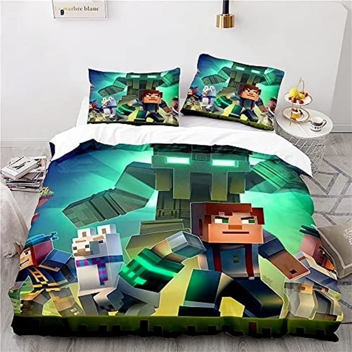 Parure De Lit 3 Pièces Minecraft Faces - Housse Couette 140x200cm + Taie Oreiller + Drap-Housse - 100% Microfibre