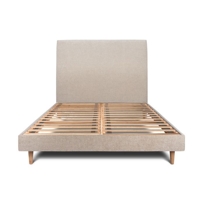 Lit 200x200cm avec tête de lit tapissier tissu et sommier kit beige brun - Hauteur totale : 29cm Lit 200x200cm avec tête de lit tapissier tissu et sommier kit beige brun - Hauteur totale : 29cm