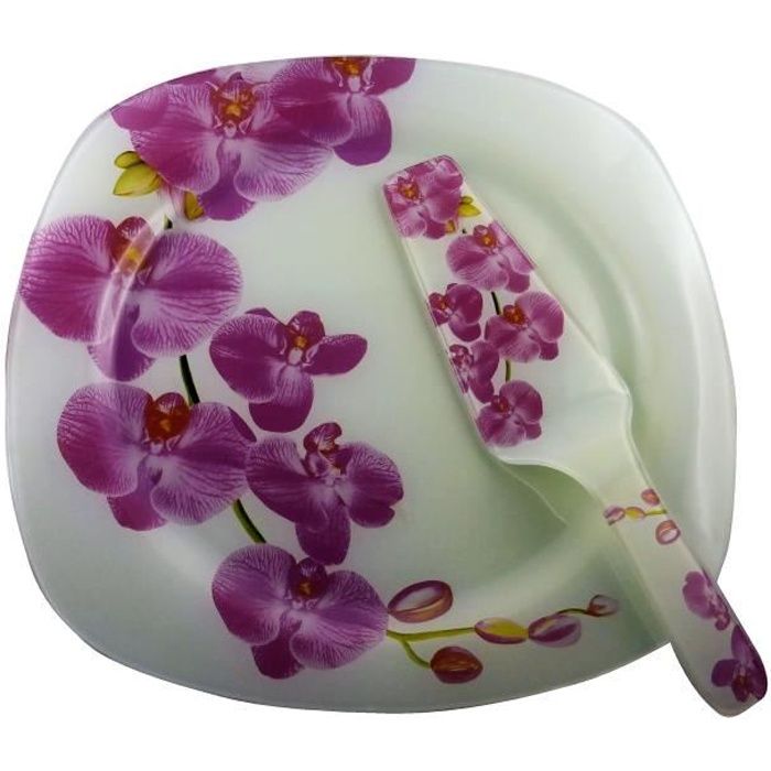 plat et sa pelle a gâteau motif décor orchidée en verre vendu dans un coffret cadeau très joli design-couleurs blanche/fleur mauve