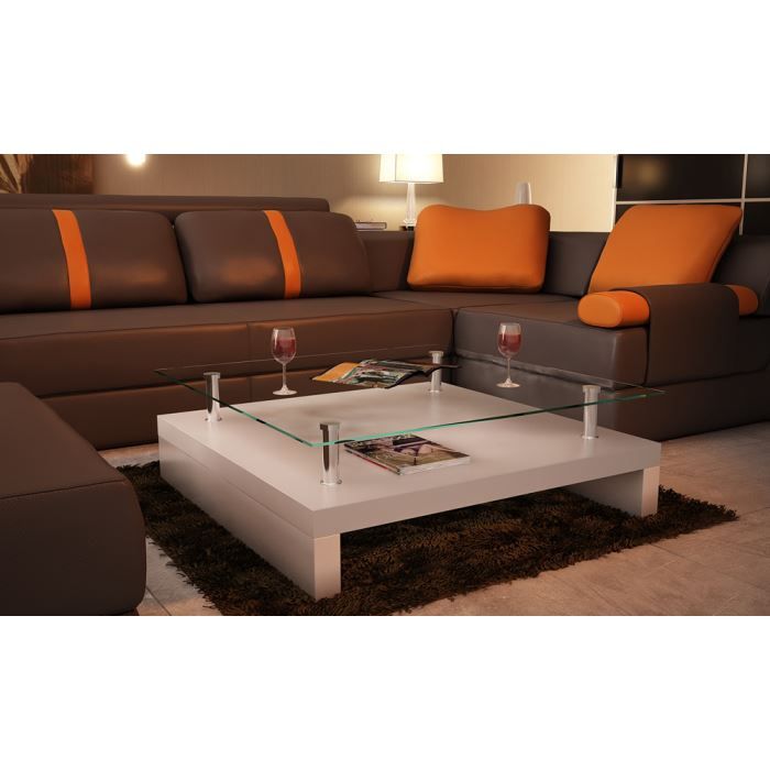 Table Basse Carree En Verre Trempe Et Bois Laqu Achat Vente