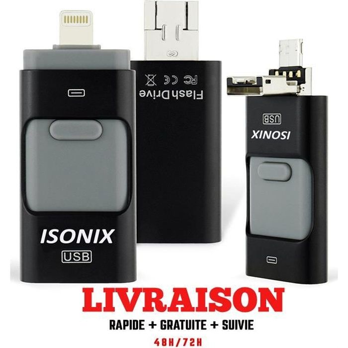 ISONIX Clé USB 64 go 3 en 1 Compatible IOS/Android Pour Apple Iphone X/8/7/6/5 Samsung/Ipad/Macbook/Windows/PC/Tablet OTG Noir