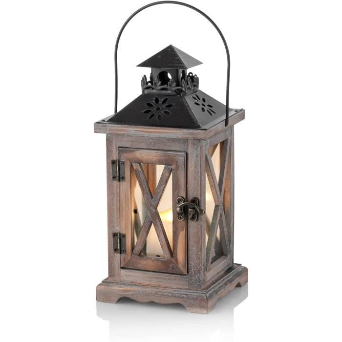 Lanterne Bois Vintage Sziqiqi - Bougeoir Décoratif Ferme - 28cm - Verre Transparent - Style Rustique Mariage