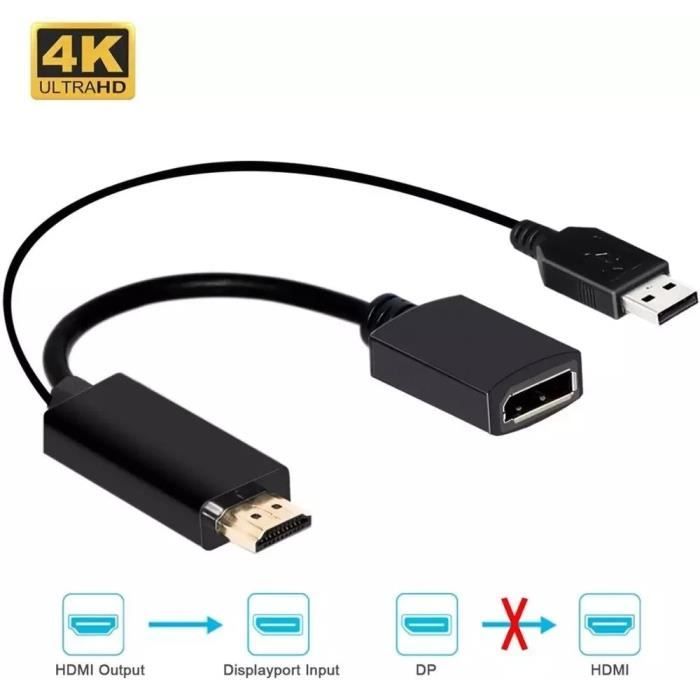 Black-15cm -Adaptateur convertisseur HDMI vers DisplayPort,Extensions mâle vers femelle,câble 4K 3840x2160 avec alimentation USB 2