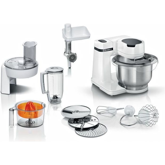 kitchen machine serie 2 bosch - robot de cuisine - 700w - 4 vitesses + turbo - bol mélangeur inox 3,8 l - blender 1,25 l - blanc