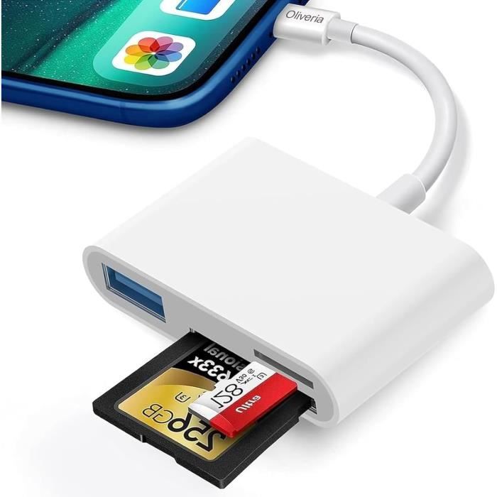 Lecteur Carte SD/TF/USB Pour IPhone 16/15/iPad – Adaptateur 3 En 1 Micro SD SDXC USB C Lightning