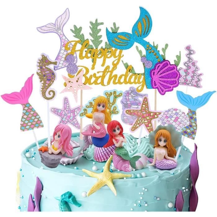 IHUIXINHE Lot De 12 Décorations De Gâteau D'anniversaire Sirène à Paillettes Dorées Avec Algues Queue De Sirene Etoile De Mer Et Hippocampe A Paillettes Dorees