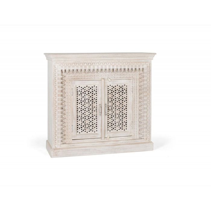 Buffet en bois massif de mangue - Giner y Colomer - Blanc vieilli - 110x40x100 cm - Sculpté à la main