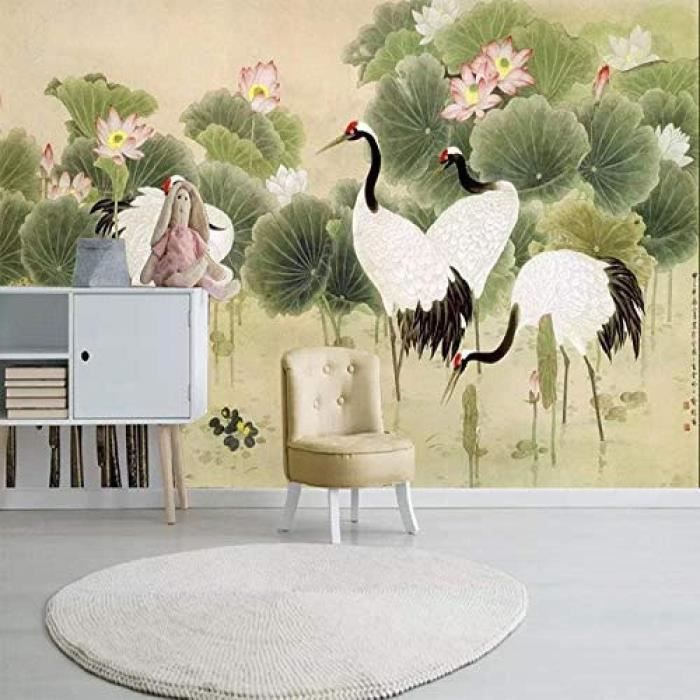 3D papier peint mural style chinois grue à couronne rouge grue blanche ...