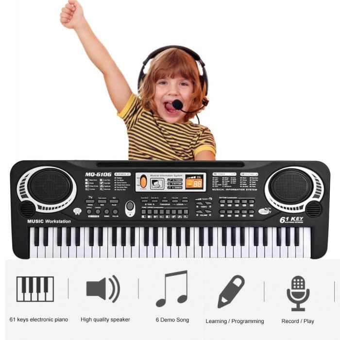 Clavier Piano 61 Touches Pour Enfants 3-12 Ans - Microphone Inclus, 8 Sons, Enregistrement, Portable