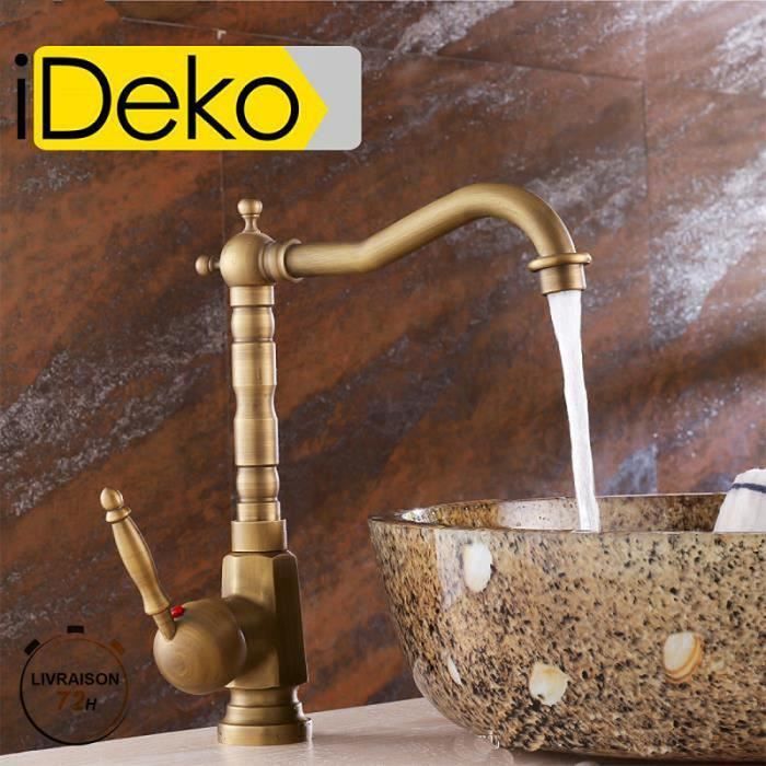 IDeko®Robinet Mitigeur lavabo salle de bain et cuisine en Laiton rotation à 360 degrés Style Japonais surface rétro cuivre