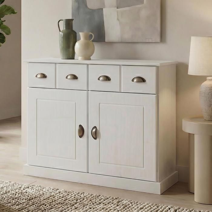 Buffet salle à manger PARIS L 91 cm en bois massif blanc 2 tiroirs 2 portes meuble rangement avec poignées coquilles Buffet salle à manger PARIS L 91 cm en bois massif blanc 2 tiroirs 2 portes meuble rangement avec poignées coquilles