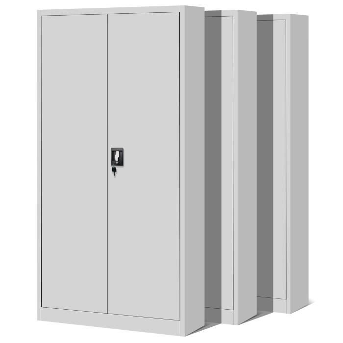 Set de 3 Armoire de Bureau métallique 4 étagères tôle dacier revêtement en Poudre 195 cm x 90 cm x 40 cm (Gris)