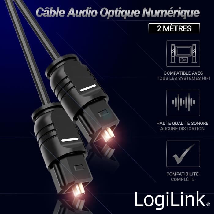 Logilink - Câbles optique - Cable Audio optique TOSLINK Mâle/Mâle Digital Audio Optical 2m HiFi Home Cinéma, Sound Bar, TV, PS4,