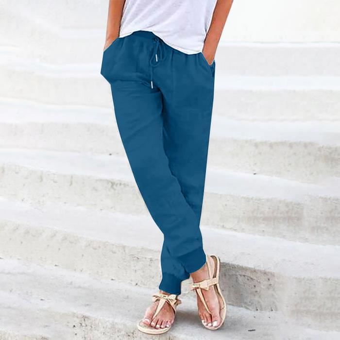 Pantalon femme Sasaquoy Pantalon decontracte a taille elastique avec cordon de serrage couleur unie en coton et en lin Bleu ciel Bleu ciel Cdiscount Pret a Porter