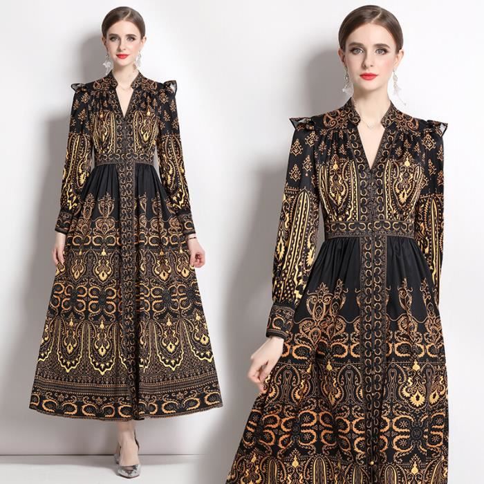 Robe Foulard imprime Floral pour femmes manches longues lanterne soiree decontractee robe Maxi printemps ete automne GRT2235Black Blanc Cdiscount Pret a Porter